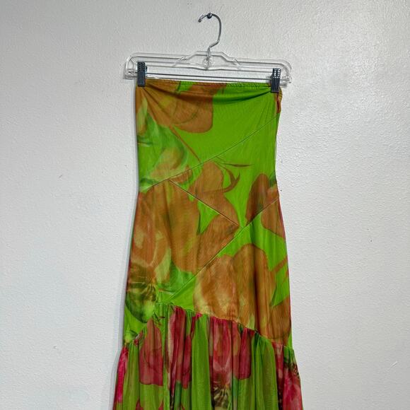 Green Floral Strapless Backless Sheer Mesh Side Slit Maxi Dress Sz S - Picture 3 of 12